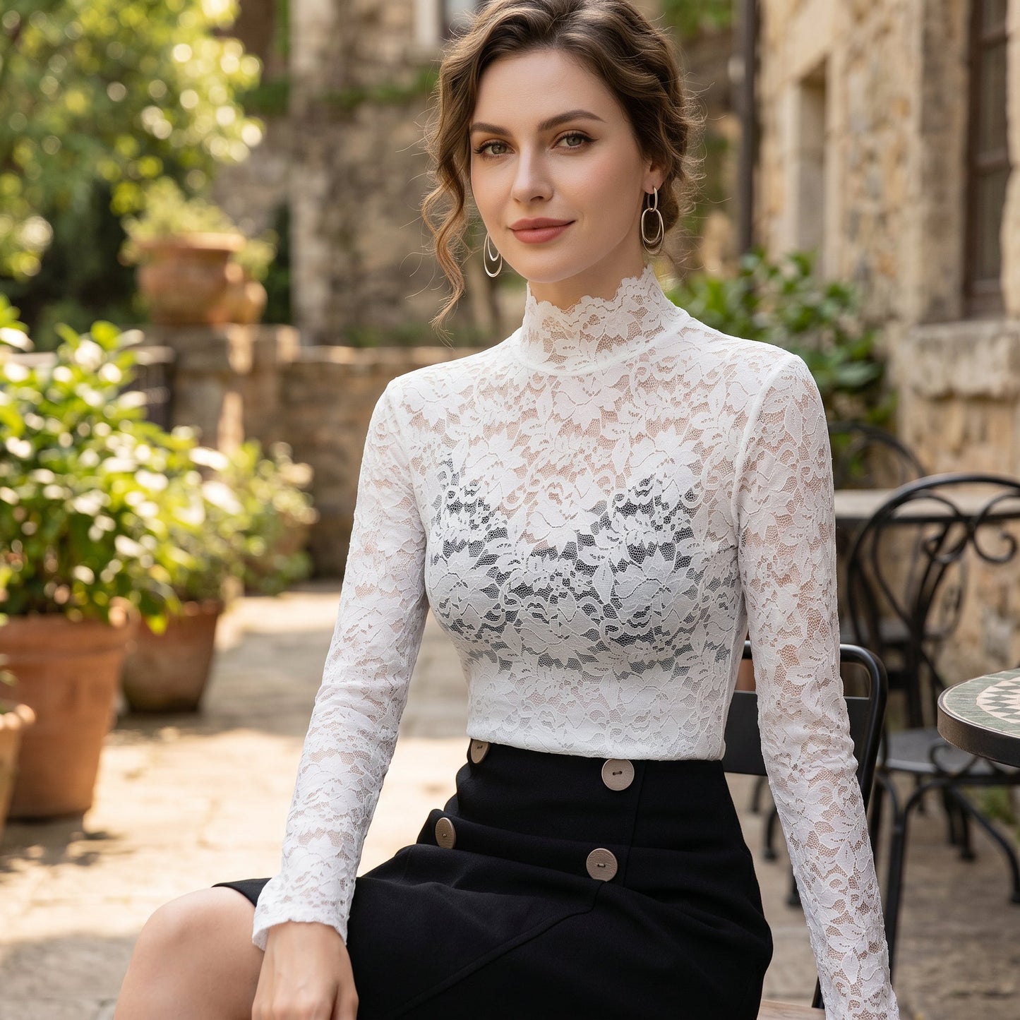 Isadora - Elegant Floral Lace High Neck Blouse