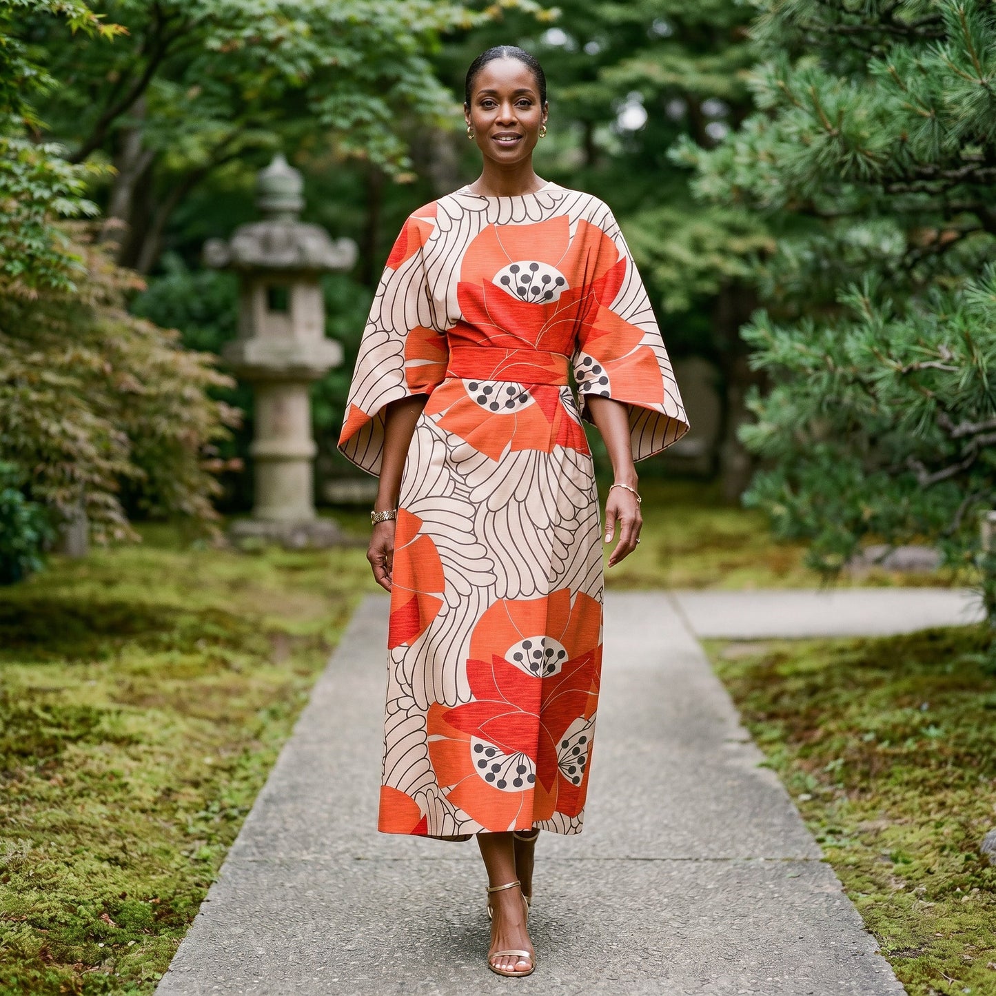 Maria - Elegant Floral Kimono Sleeve Midi Dress for Wedding Guests