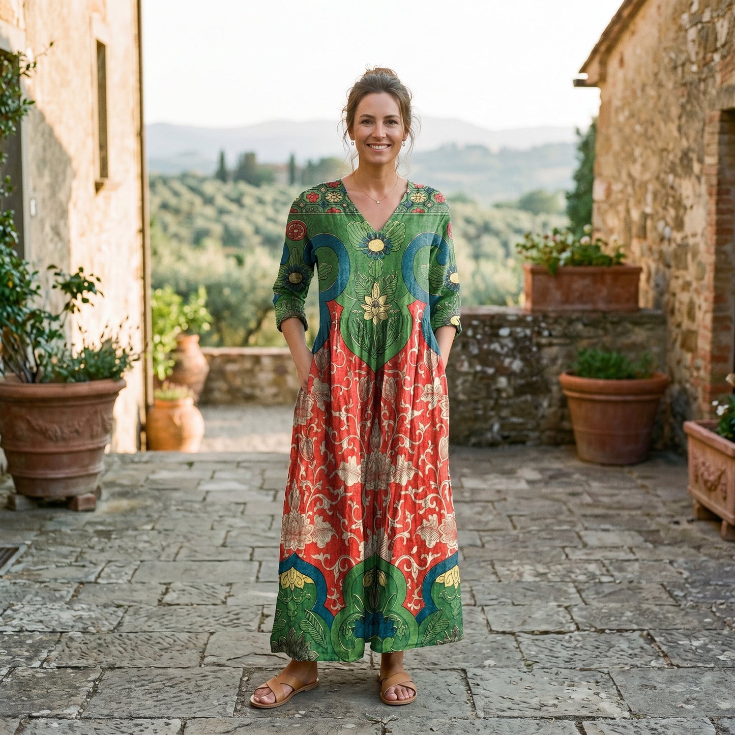 Demina - Vibrant Floral Maxi Dress for Women, Relaxed V-Neck Long Dress