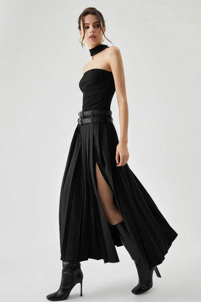 Amara - Elegant Pleated Black Maxi Skirt for Women