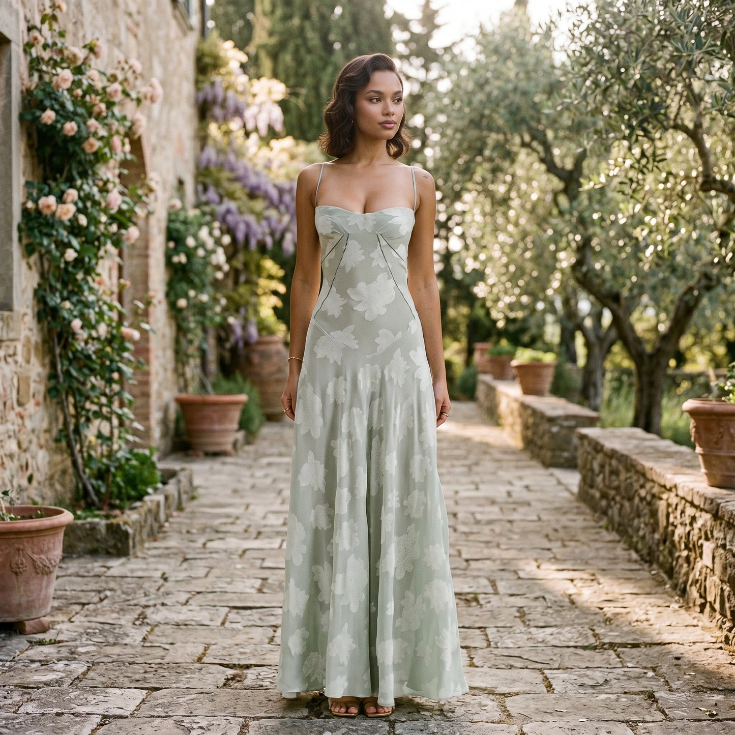 Andy - Elegant Floral Jacquard Gown for Wedding Guests