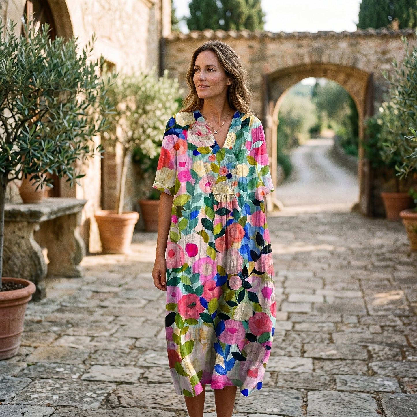 Athena - Vibrant Floral Summer Midi Dress for Women
