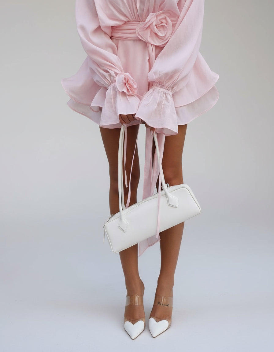Ella | Chic Blush Long Sleeve Mini Dress with Waist Tie