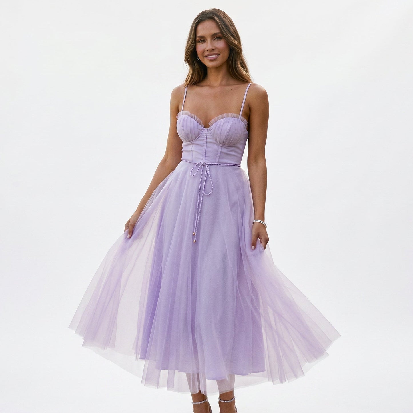 Emma - Elegant White Tulle Midi Dress for Women