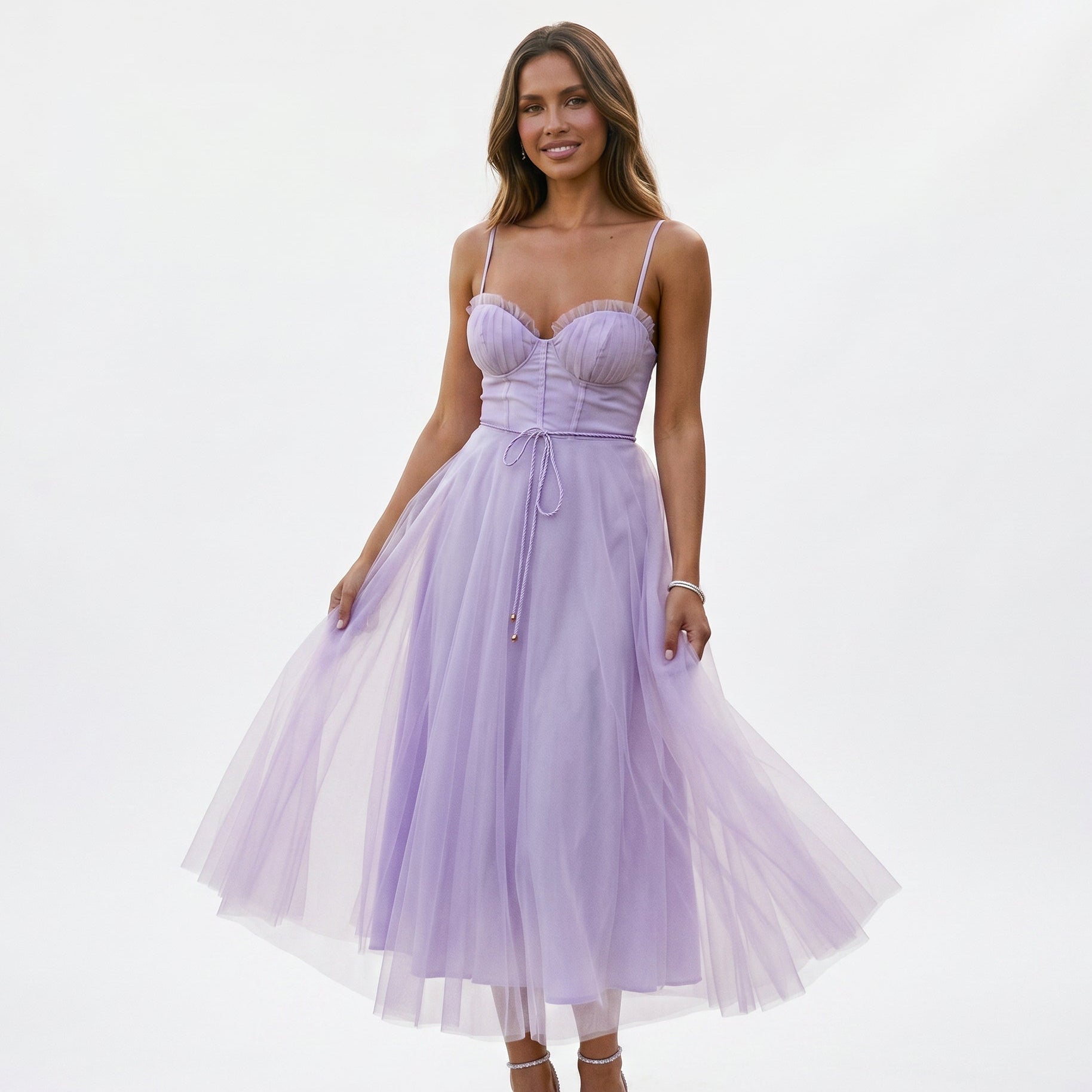 Emma - Elegant White Tulle Midi Dress for Women