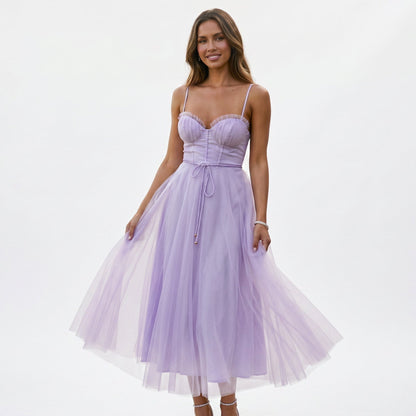 Emma - Elegant White Tulle Midi Dress for Women