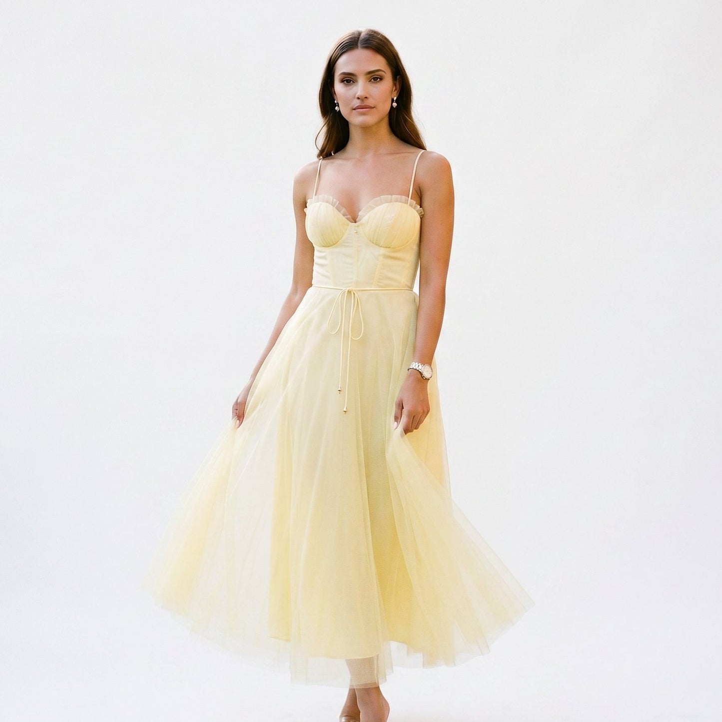 Emma - Elegant White Tulle Midi Dress for Women