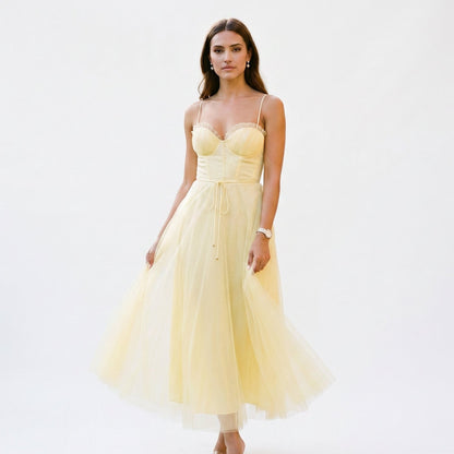 Emma - Elegant White Tulle Midi Dress for Women