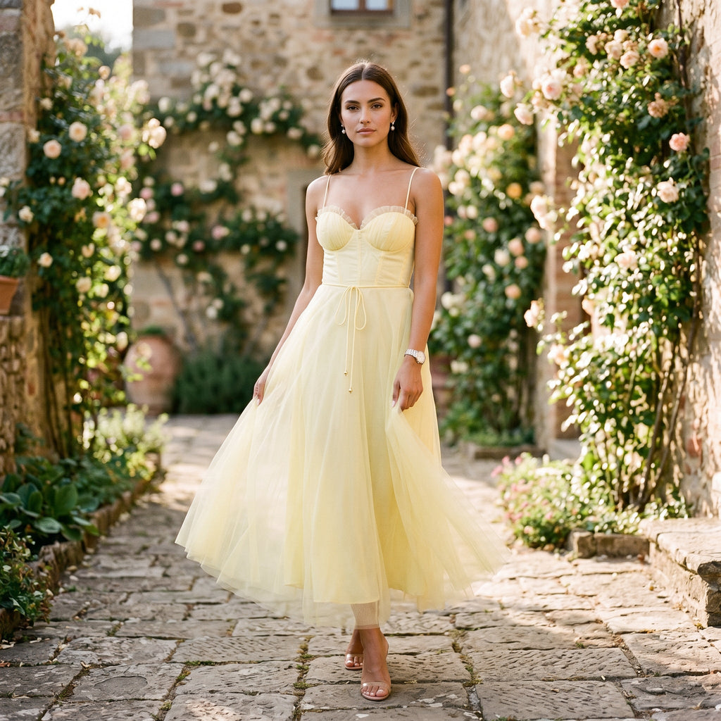 Emma - Elegant White Tulle Midi Dress for Women