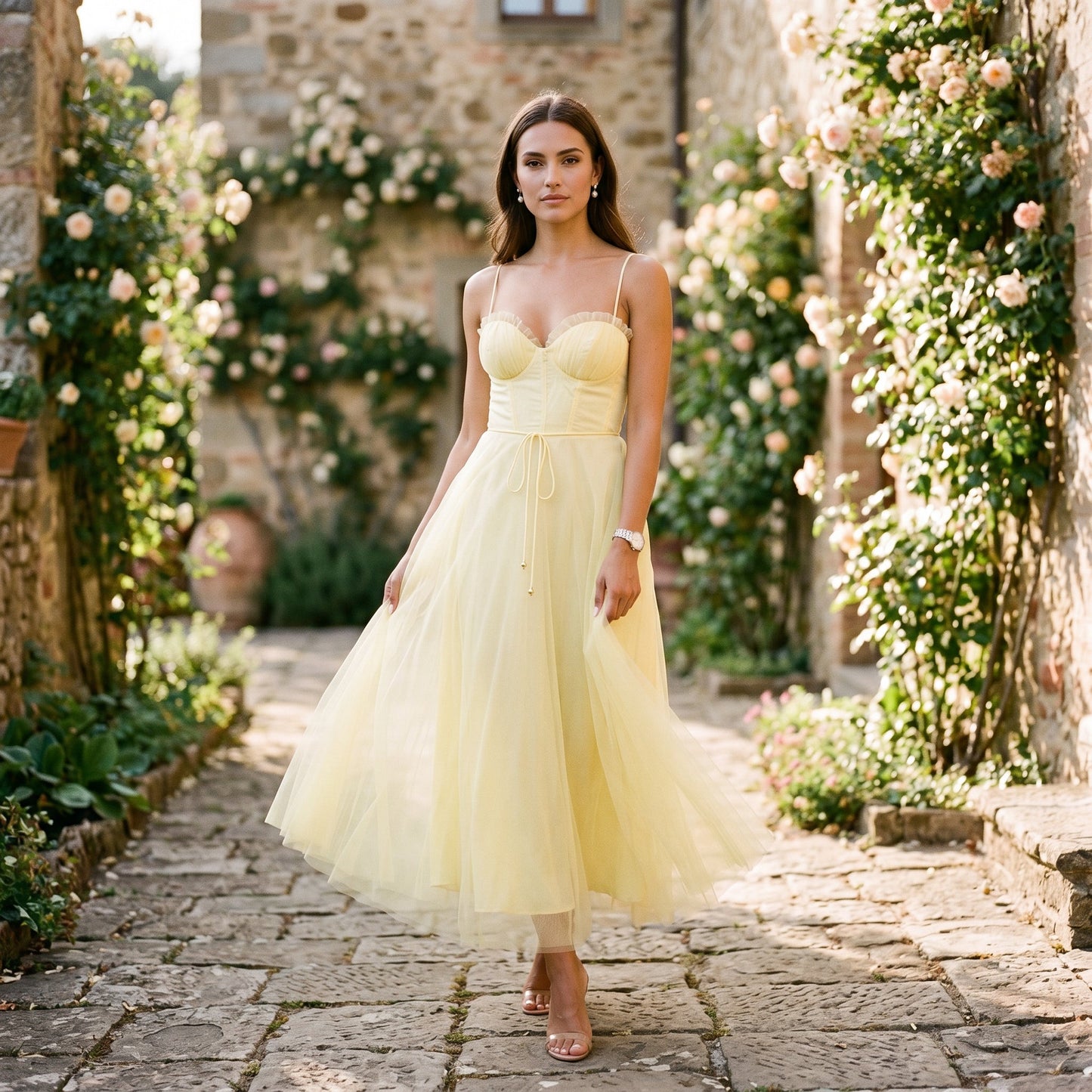 Emma - Elegant White Tulle Midi Dress for Women