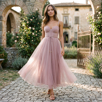 Emma - Elegant White Tulle Midi Dress for Women