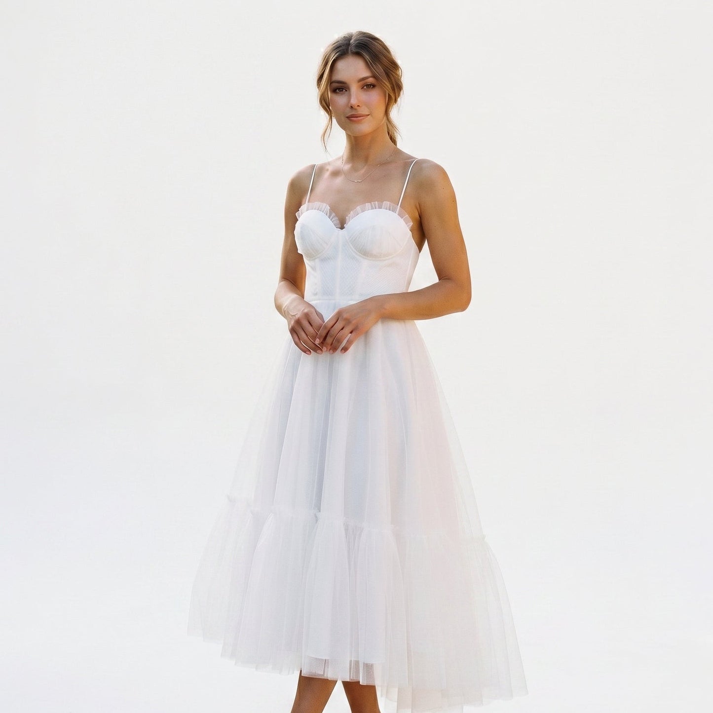 Emma - Elegant White Tulle Midi Dress for Women
