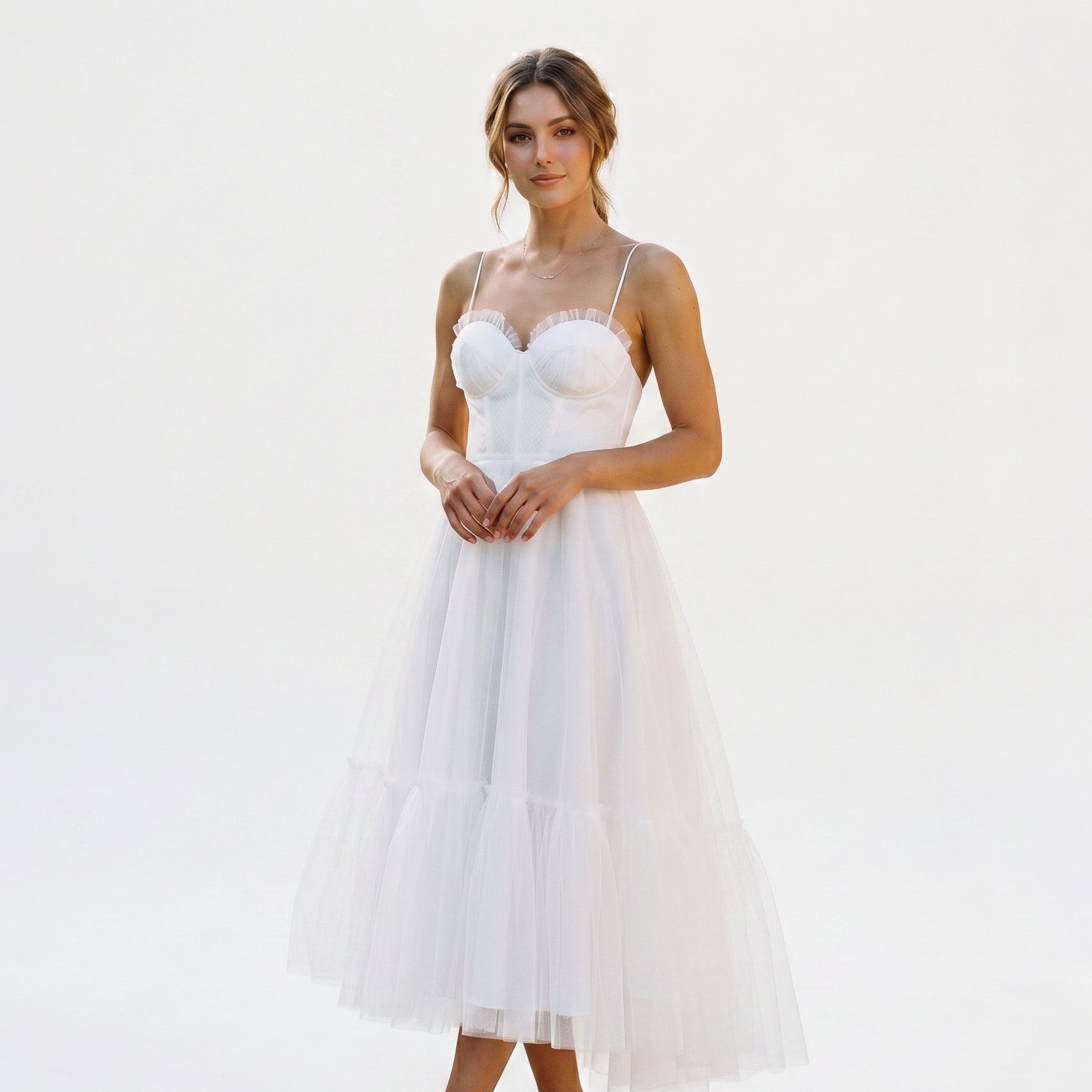 Emma - Elegant White Tulle Midi Dress for Women