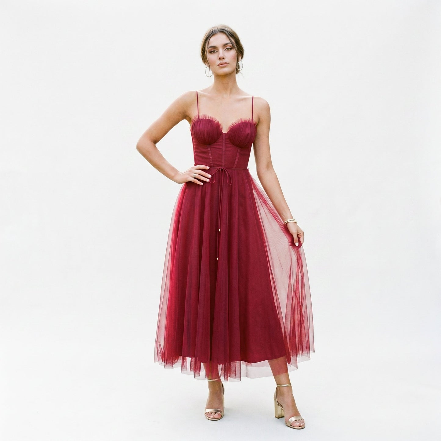 Emma - Elegant White Tulle Midi Dress for Women