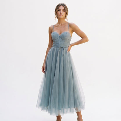 Emma - Elegant White Tulle Midi Dress for Women