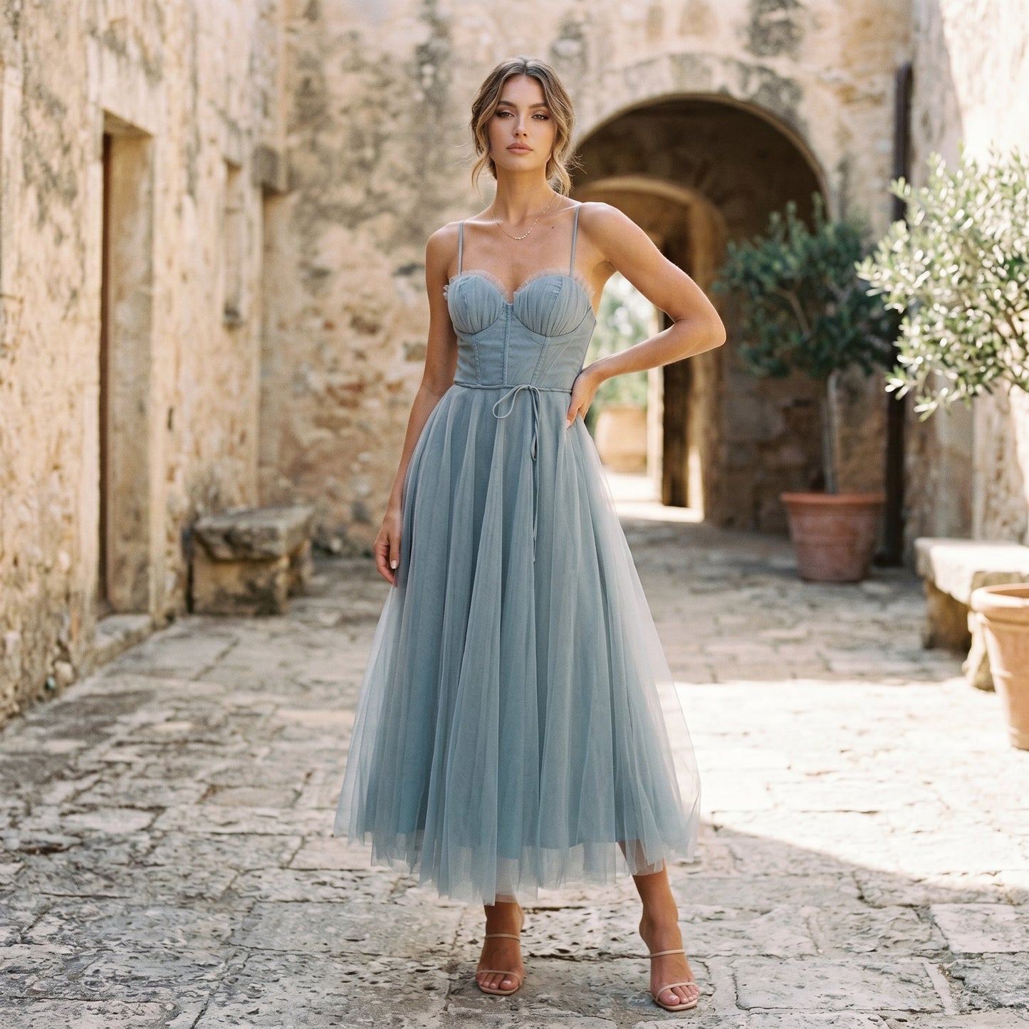 Emma - Elegant White Tulle Midi Dress for Women
