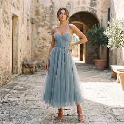 Emma - Elegant White Tulle Midi Dress for Women