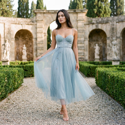 Emma - Elegant White Tulle Midi Dress for Women
