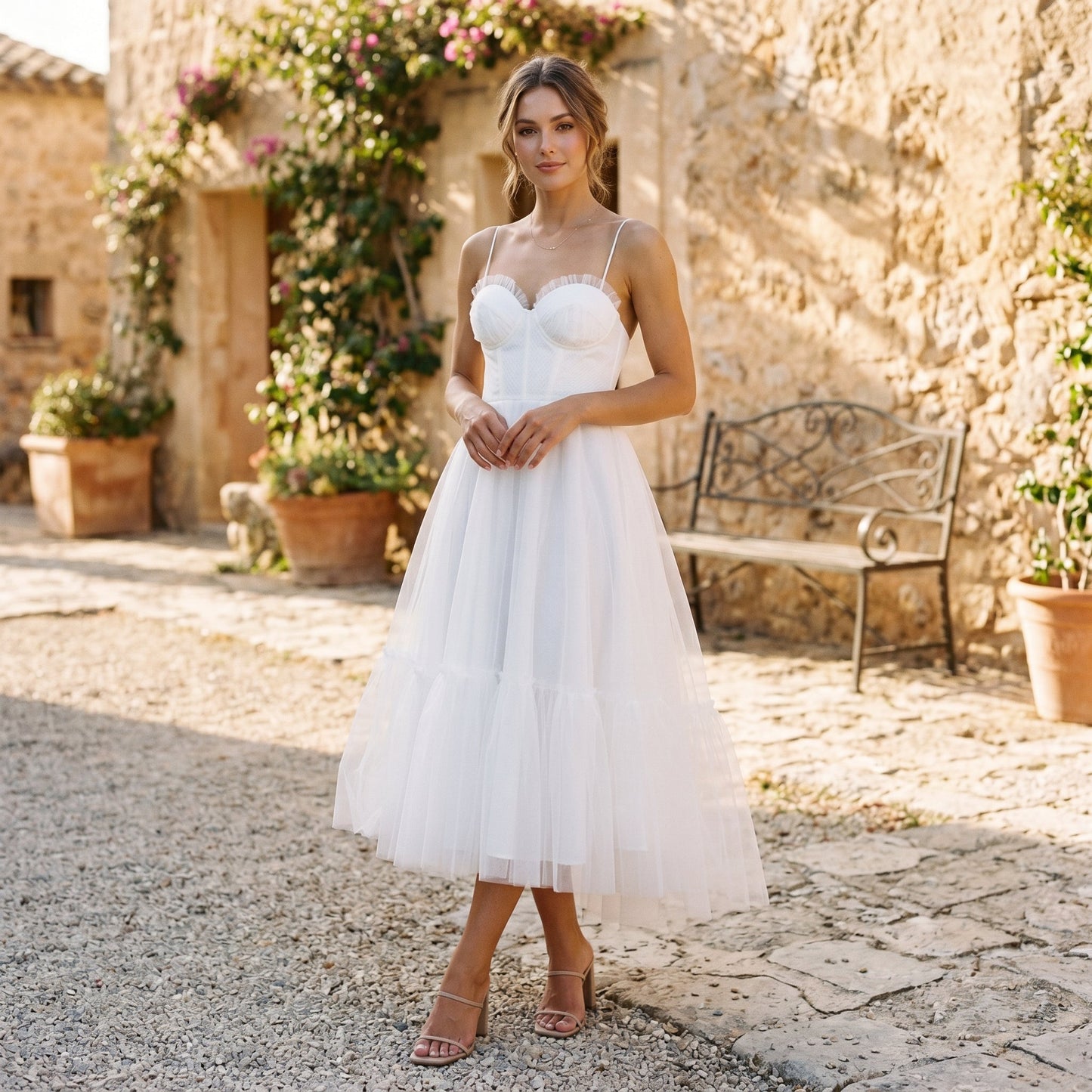 Emma - Elegant White Tulle Midi Dress for Women
