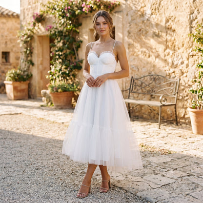 Emma - Elegant White Tulle Midi Dress for Women