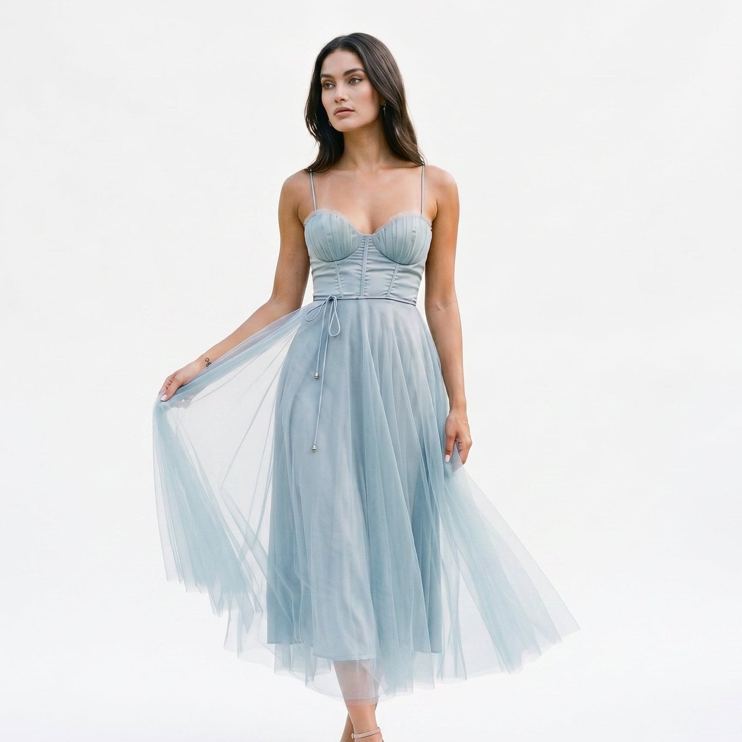Emma - Elegant White Tulle Midi Dress for Women