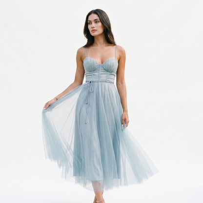 Emma - Elegant White Tulle Midi Dress for Women