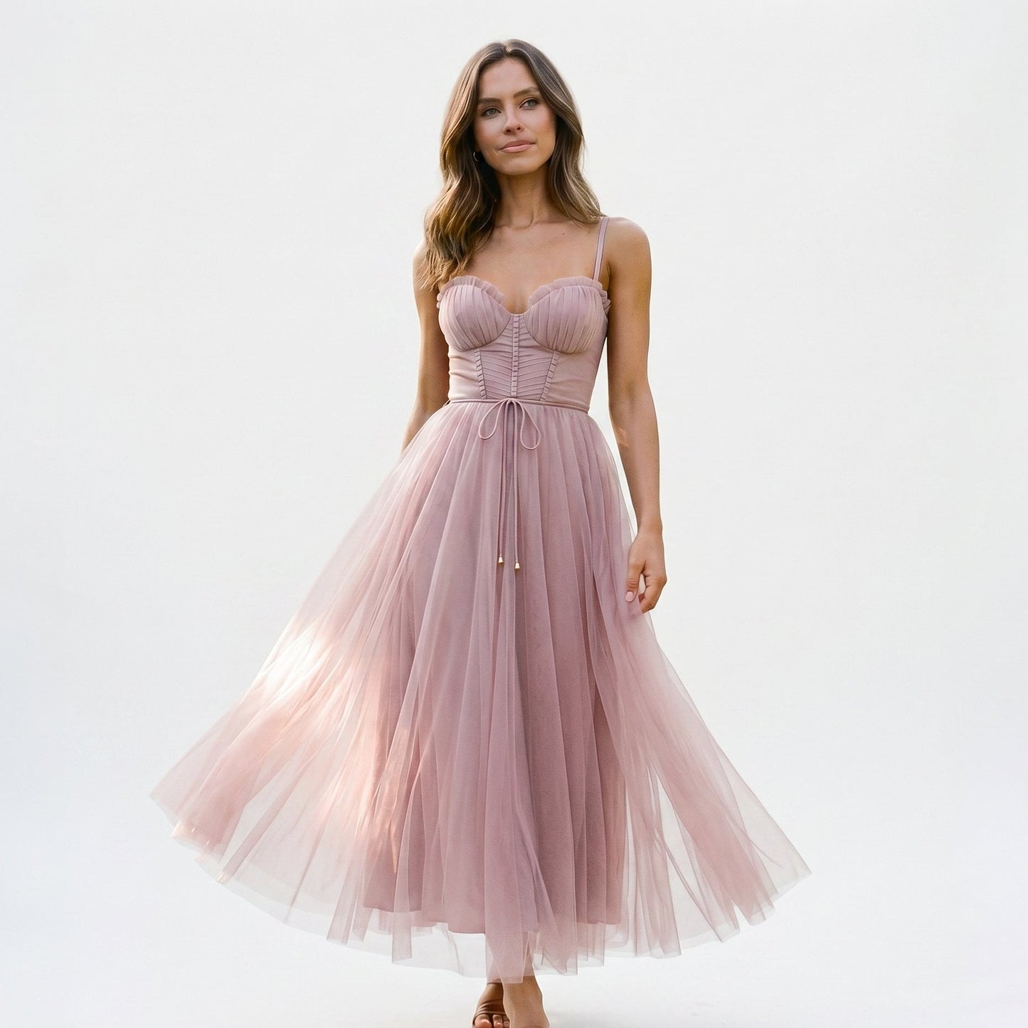 Emma - Elegant White Tulle Midi Dress for Women
