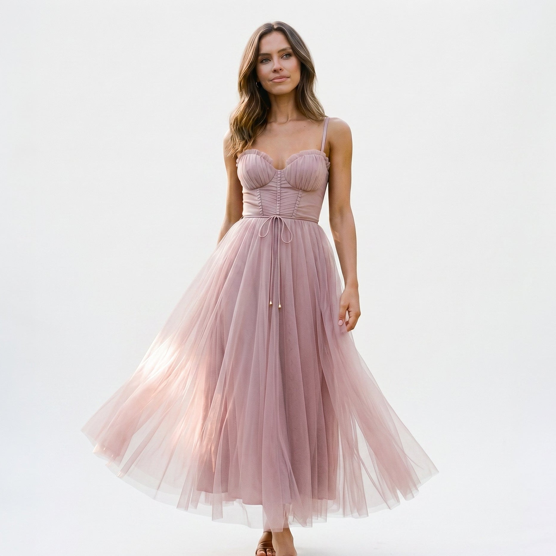 Emma - Elegant White Tulle Midi Dress for Women