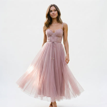 Emma - Elegant White Tulle Midi Dress for Women