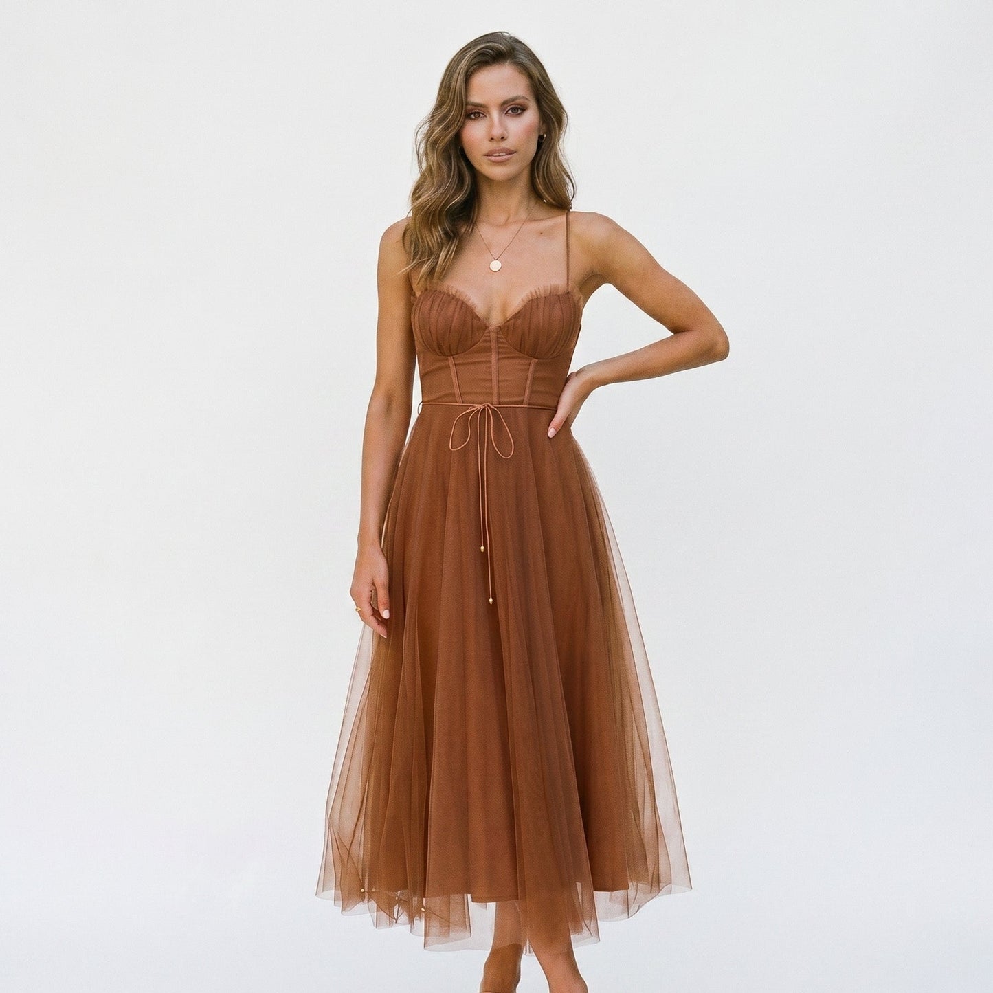 Emma - Elegant White Tulle Midi Dress for Women
