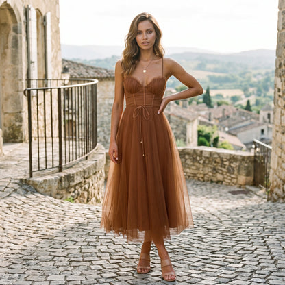 Emma - Elegant White Tulle Midi Dress for Women