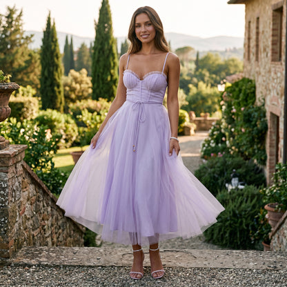 Emma - Elegant White Tulle Midi Dress for Women