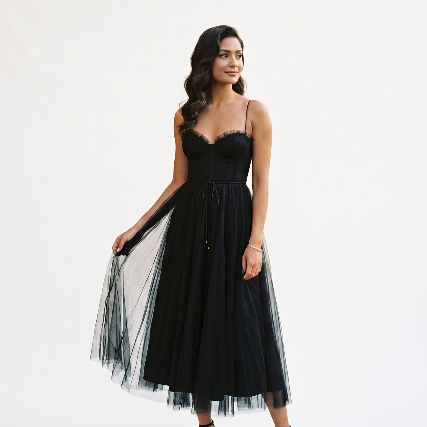 Emma - Elegant White Tulle Midi Dress for Women