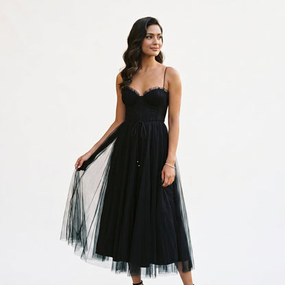 Emma - Elegant White Tulle Midi Dress for Women