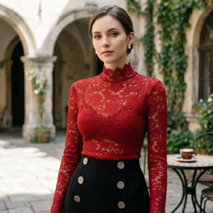 Isadora - Elegant Floral Lace High Neck Blouse