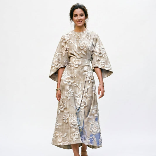 Maria - Elegant Floral Kimono Sleeve Midi Dress for Wedding Guests