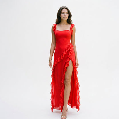 Arma - Elegant Ruffled Black Maxi Dress for Women