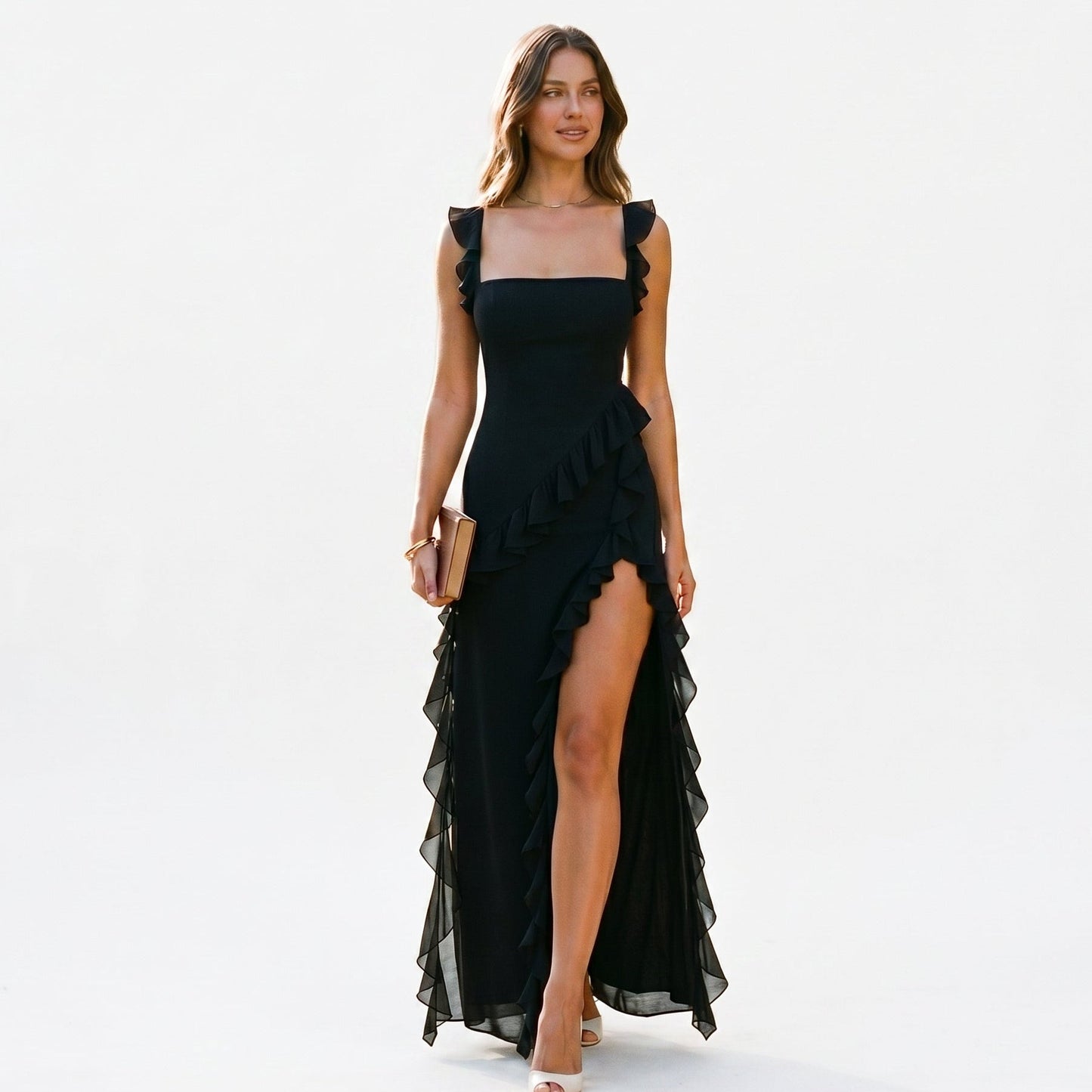 Arma - Elegant Ruffled Black Maxi Dress for Women