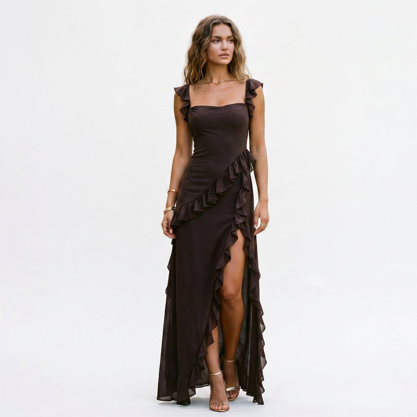 Arma - Elegant Ruffled Black Maxi Dress for Women