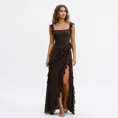 Arma - Elegant Ruffled Black Maxi Dress for Women
