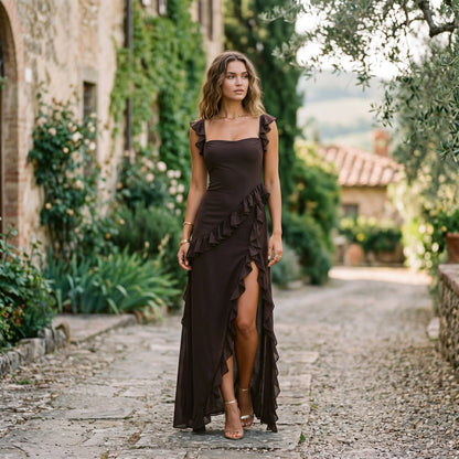 Arma - Elegant Ruffled Black Maxi Dress for Women