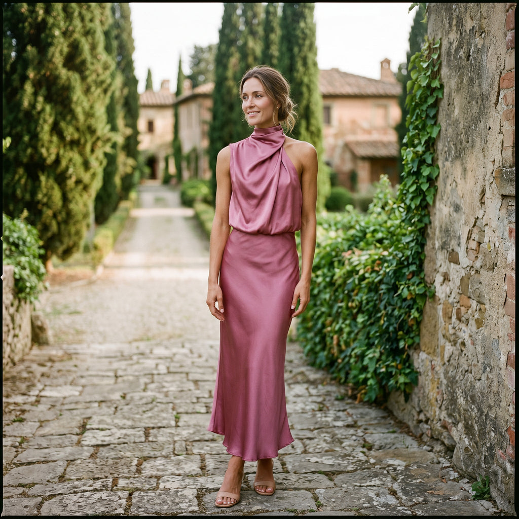 Olivia - Elegant Draped Summer Midi Dress for Weddings